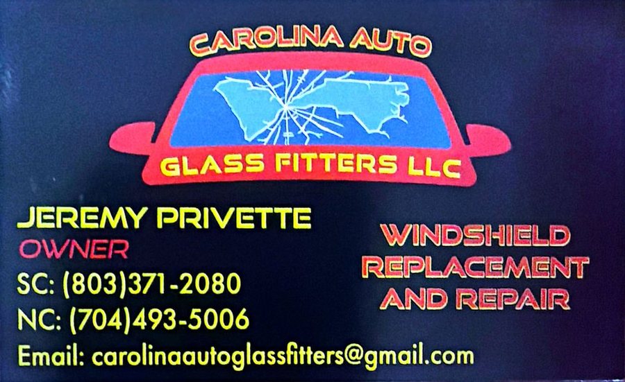 Carolina Auto Glass Fitters LLC business card showing owner Jeremy Privette, mobile windshield replacement and repair, and the SC contact number